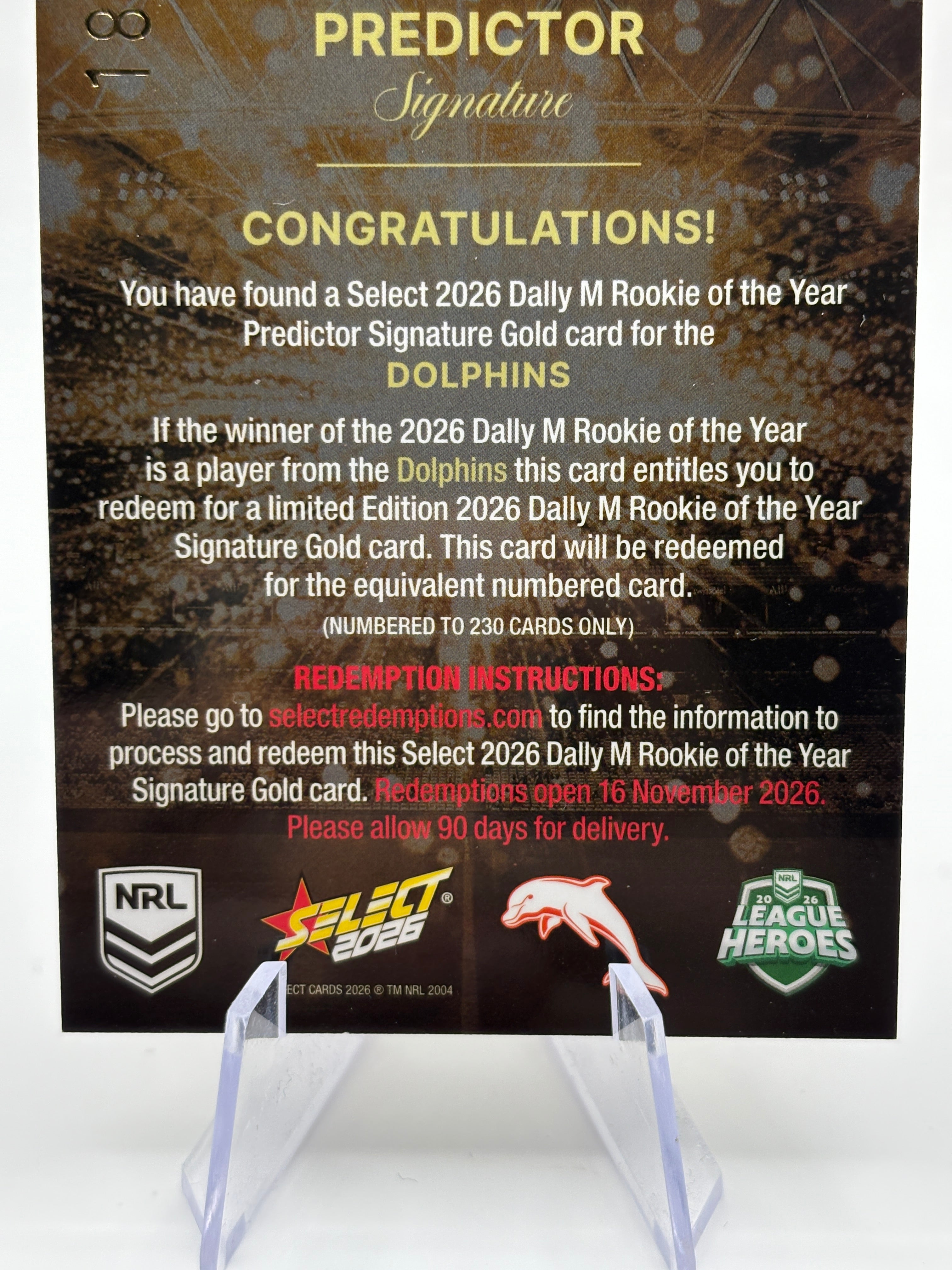 2026 SELECT NRL HEROES DALLY M ROOKIE OF THE YEAR PREDICTOR - DOLPHINS /230 FRENLY BRICKS - Open 7 Days